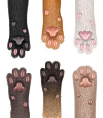 Paw cats. Collection of realistic domestic animals fluffy body parts foot sharp claws decent vector templates set