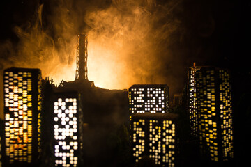 Creative artwork decoration. Chernobyl nuclear power plant at night. Layout of abandoned Chernobyl...
