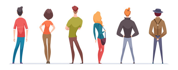Fototapeta na wymiar Back view persons. Male and female standing characters in casual and business style clothes head torso legs and arms rear view exact vector flat people