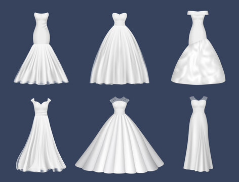 White dresses. Wedding clothes for beauty woman fashion dresses for brides evening party decent vector realistic pictures