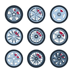 Wheels with brake pads. Modern vehicle wheels circle round forms detailed illustrations garish vector pictures collection isolated