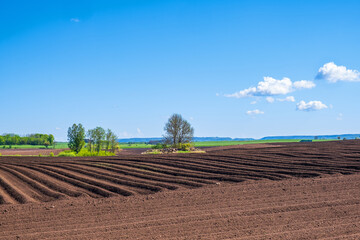 Plowed fields in a rural landscape view