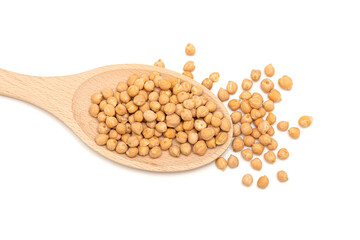 Heap of chick peas, chickpea  on wooden spoon isolated on white, top view