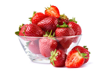 Glass bowl of Fresh strawberry isolated on white background