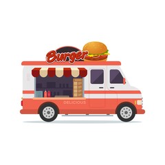 Food truck vehicle fast food shop on the truck isolated on white background vector illustration
