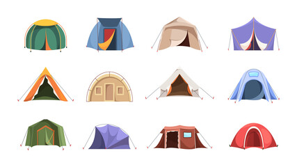 Tent. Shelter for travellers from cold or hot weather camping symbols environment tent of hunters garish vector cartoon set