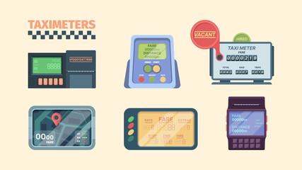 Taximeter. Display in car with speeding detection for cash money auto transportation meter for vehicle services garish vector collection