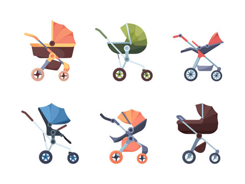 Baby carriage. Cute transport for new born children garish vector colored collection