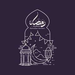 Ramadan kareem arabic calligraphy means generous holiday and celebration of holy month with mosque line art design vector illustration