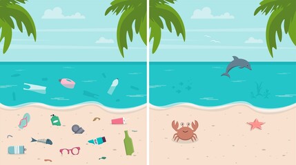 Fototapeta na wymiar Dirty and clean beach set. Environmental pollution concept. Environmental disaster. Colorful vector illustration in flat style.