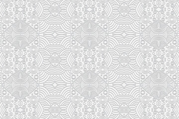 Geometric volumetric convex white background. Ethnic African, Mexican, Indian motives. 3D relief pattern in the style of doodling of circles and figures. Complex ornament for design and decor.