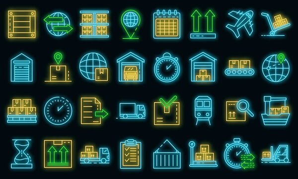 Goods export icons set. Outline set of goods export vector icons neon color on black