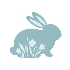 easter bunny. blue silhouette of a rabbit with spring flowers. festive color illustration. 