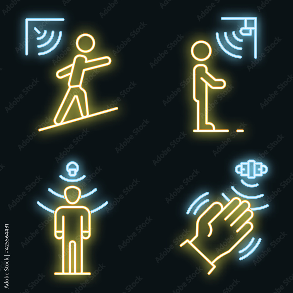 Poster motion sensor icons set. outline set of motion sensor vector icons neon color on black