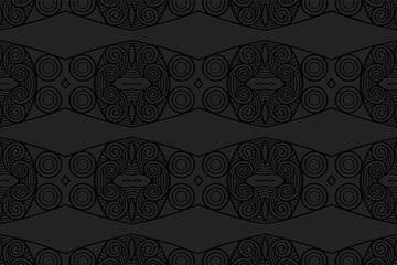Geometric volumetric convex black background. Ethnic African, Mexican, Indian motives. 3D relief pattern in doodling style. Colorful original ornament for decor, wallpaper, textiles.