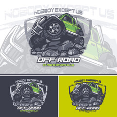 Green Off Road car logo on top of a mountain with a slogan at the top. © slava