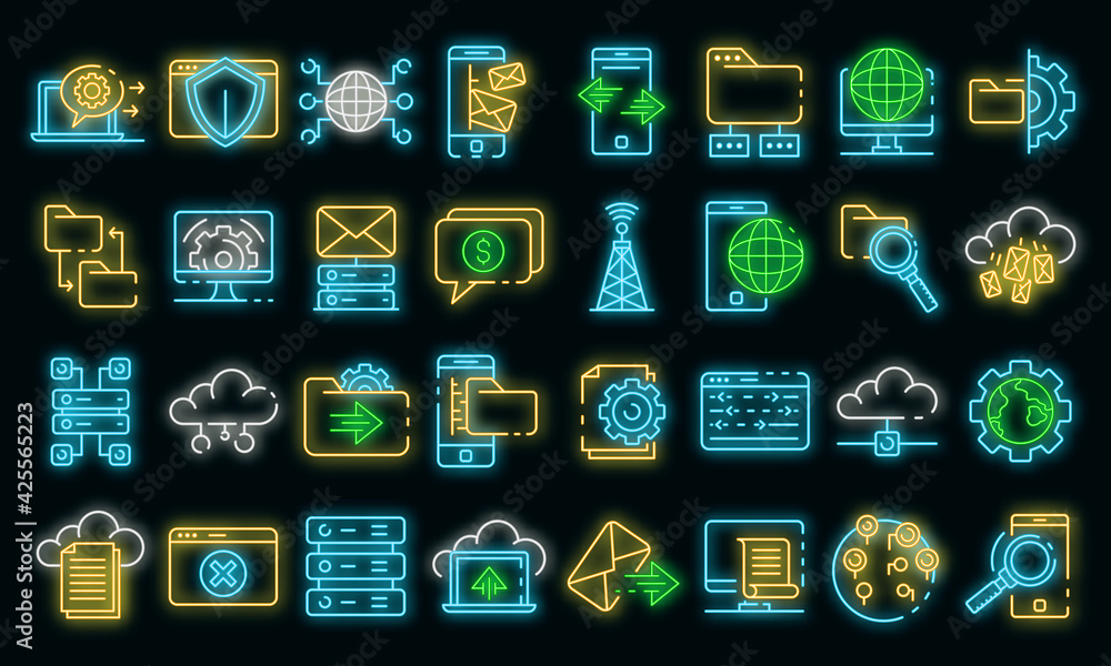 Poster hosting icons set. outline set of hosting vector icons neon color on black
