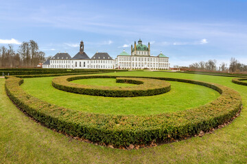  Fredensborg, Denmark: 4 April, 2021 - A view of Fredensborg Palace which is a spring and autumn residence for the Danish Royal Family.