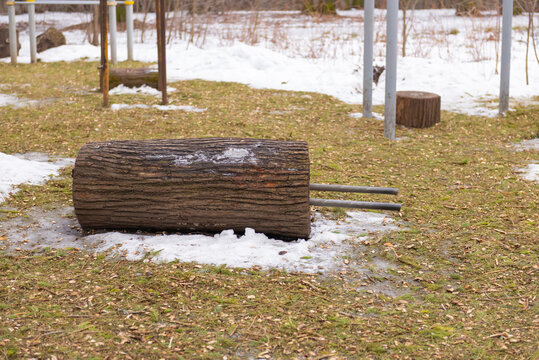 Outdoor exercise equipment in the park. A log instead of a simulator. Weight lifting classes.
