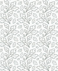 Seamless repeating bush pattern of four wide cut tropical leaves.Contour dark green objects on a white.