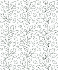 Seamless repeating bush pattern of four wide cut tropical leaves.Contour dark green objects on a white.