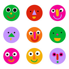 Big Set of Various bright basic Geometric Figures with face emotions. Different bright colorful characters. Cartoon style. Flat design.