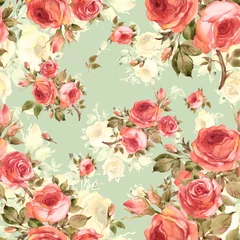 Fotobehang  Watercolor roses seamless pattern © Irina Chekmareva