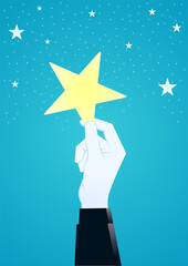 vector illustration of giant hand picking up a star. business concept illustration