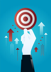 vector illustration of giant hand holding target board. describe target business. business concept illustration