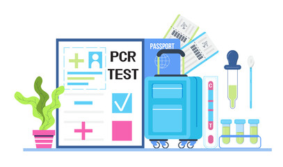 Fototapeta premium PCR test for tourists. Health passport concept vector for web, blog. Vaccine, immunity passport app. Luggage, certificate, tickets. Travel rules in COVID-19 pandemic.