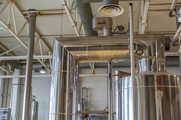 Technological equipment, industrial tools and machinery for the production of beer in Moscow Brewing Company plant. Mytishchi, Russia