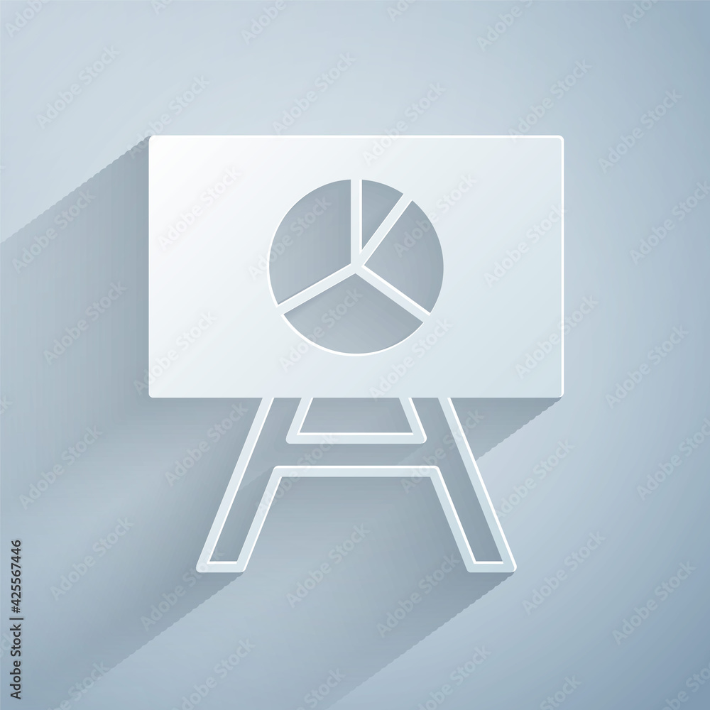 Poster paper cut board with graph chart icon isolated on grey background. report text file icon. accounting