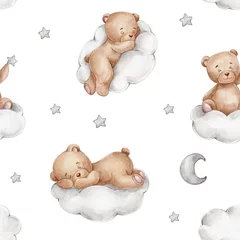 Fotobehang Seamless pattern with teddy bears on clouds, moon and stars  watercolor hand drawn illustration  with white isolated background © Нина Новикова