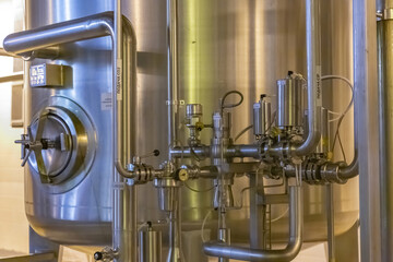 Technological equipment, industrial tools and machinery for the production of beer in Moscow Brewing Company plant. Mytishchi, Russia