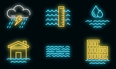 Flood icons set. Outline set of flood vector icons neon color on black