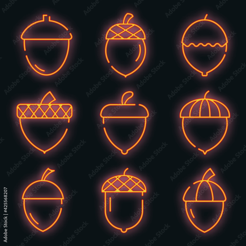 Poster acorn icons set. outline set of acorn vector icons neon color on black