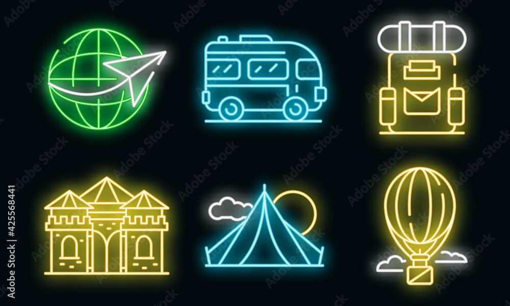 Poster excursion icons set. outline set of excursion vector icons neon color on black