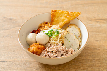 spicy egg noodles with fish balls and shrimp balls without soup