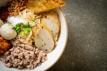 spicy egg noodles with fish balls and shrimp balls without soup