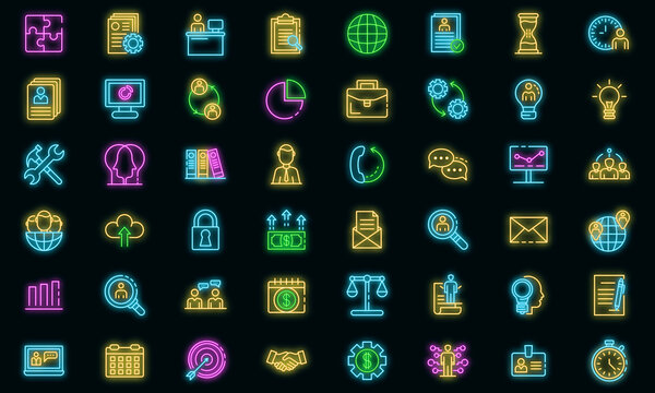 Administrator icons set. Outline set of administrator vector icons neon color on black