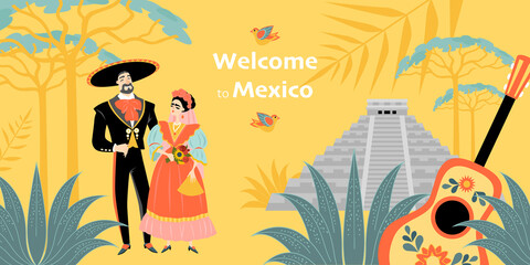 Welcome to mexico banner of cute couple in traditional costumes, pyramid and mexican guitar