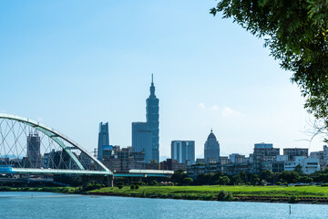 Taipei, Taiwan - Oct 4, 2020: skyline of the taipei city by the river with taipei 101 tower