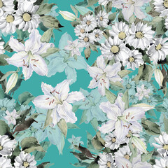 Seamless pattern of daisies and lilies