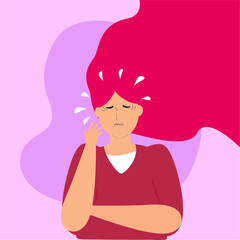 Female character feeling uncomfortable because of chronic mental health. Young woman suffering from Alzheimer, anxiety, amnesia, loss memory, depression, stress or dementia. Vector illustration.