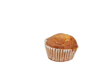 Banana cup cake, a close up of tasty homemade small brown cupcake bakery isolated on white background.