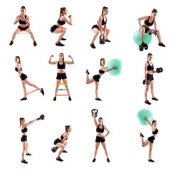 Collage of woman working out on white