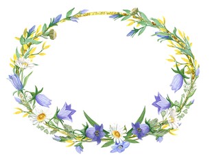 frame of flowers, wreath with bells, spring wreath, watercolor illustration