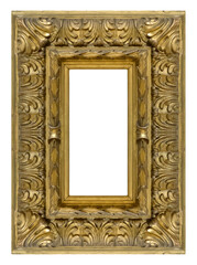 Golden frame for paintings, mirrors or photo isolated on white background. Design element with clipping path