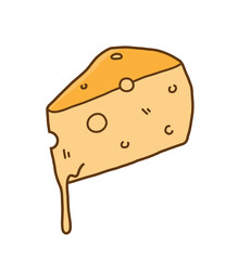 Melted Swiss cheese wedge, a hand drawn vector doodle of a piece of a cheese wedge, isolated on white background.