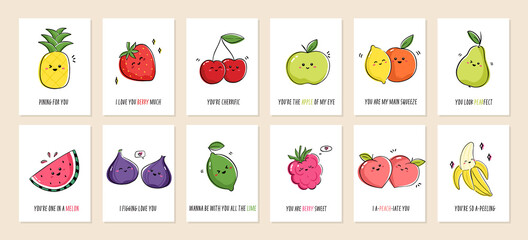 Set of greeting cards Punny fruits with cute fruits and funny phrases. Collection of postcards with kawaii fruits and puns. Vector cartoon illustration